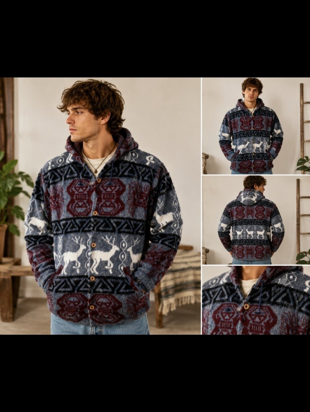 Vintage Tejidos Atahualpa Hooded Wool Cardigan – Ecuador Andean Deer Pattern